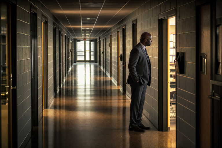 School hallway where only some classrooms glow, great teaching not happening everywhere