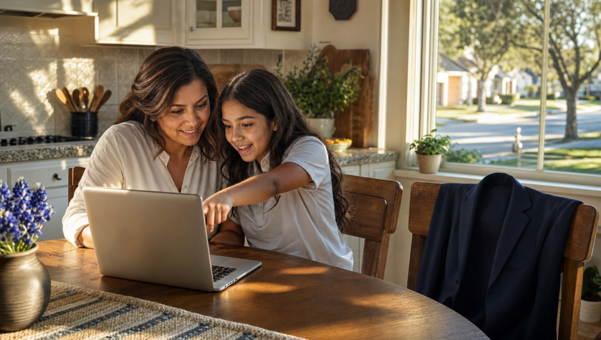 Texas Education Freedom Accounts a mother and daughter choose a school on a laptop beside bluebonnets and a school blazer