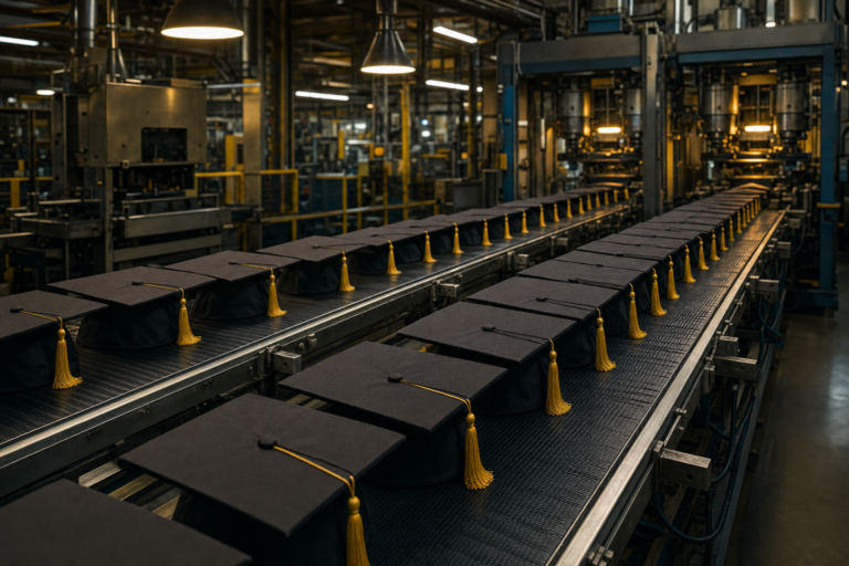 Factory conveyor carrying rows of identical doctoral caps, the PhD factory