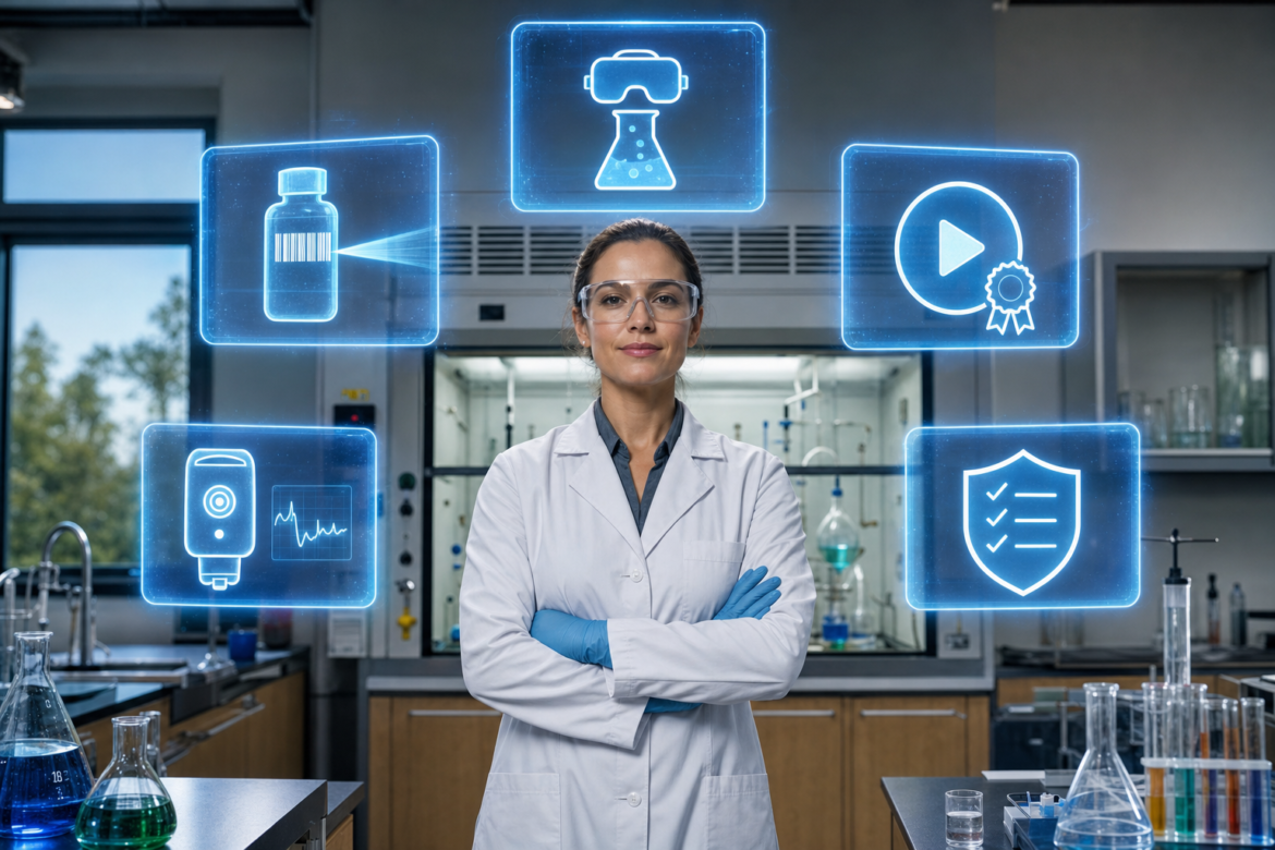 AI tools for science safety: a science teacher in goggles, lab coat and gloves surrounded by five panels for chemical inventory, air monitoring, virtual simulation, training and compliance