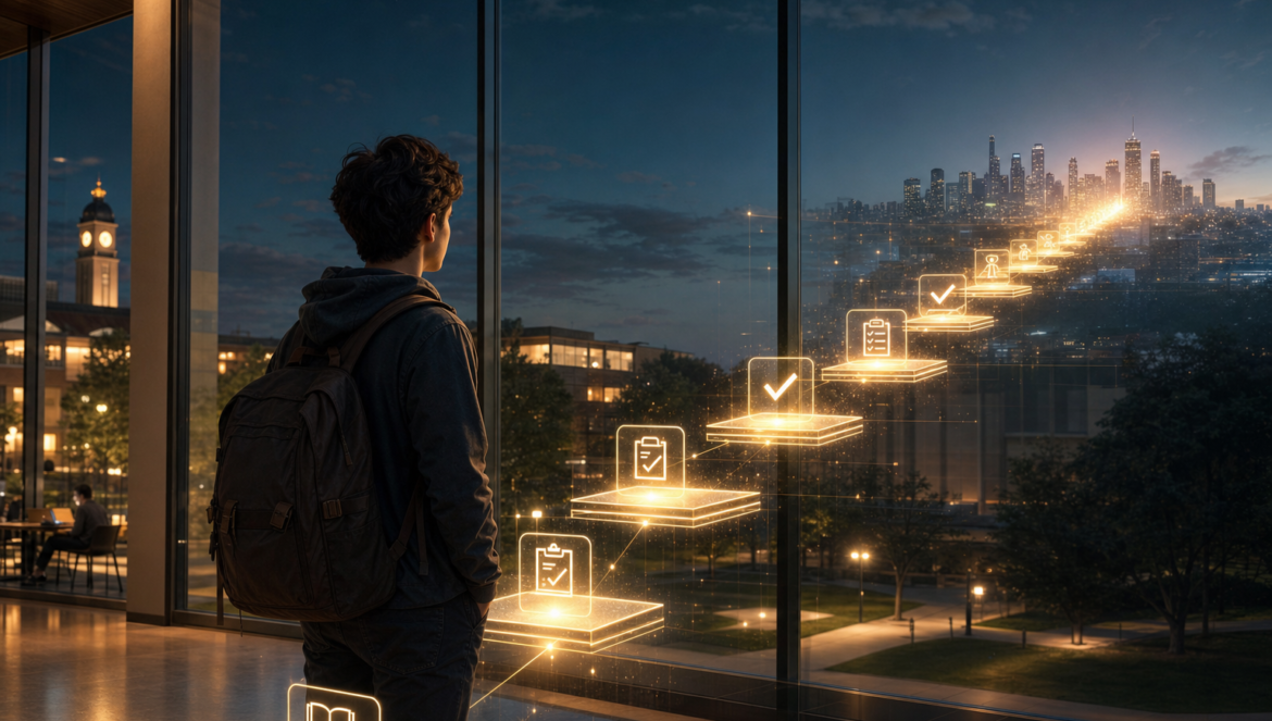 College student tracing a glowing pathway of courses to a career on a glass wall transparency in the higher ed journey
