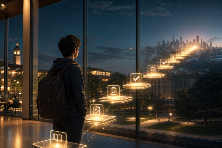 College student tracing a glowing pathway of courses to a career on a glass wall, transparency in the higher ed journey