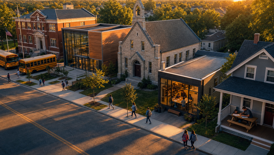 Types of Schools in the US A Guide for Families and Educators | edCircuit Types of schools a public school with buses a charter school a church school a microschool and a porch homeschool