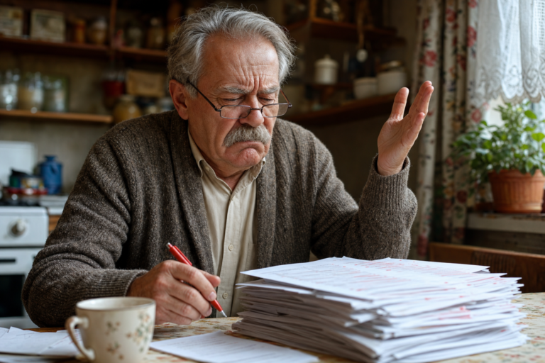 Grumpy retired teacher frowning at a stack of graded rubrics