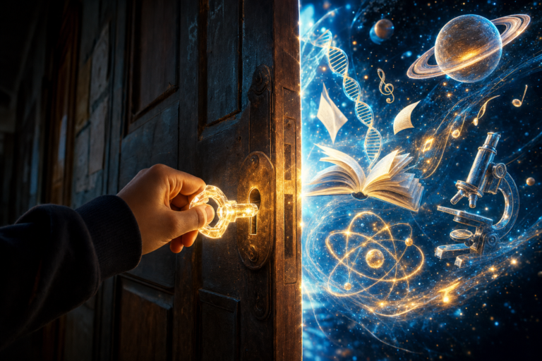 A hand turns a glowing key in an old classroom door as a world of learning pours through: a planet, DNA, books, an atom and a microscope