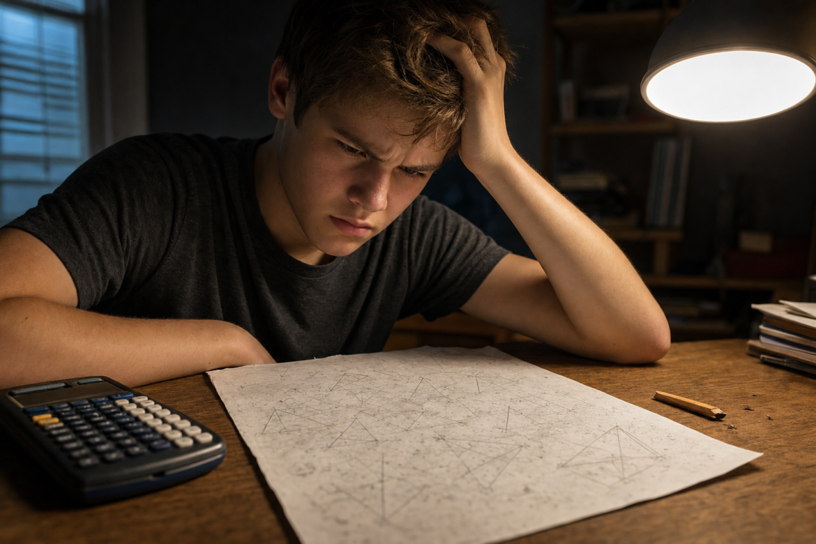 Frustrated teenager over a heavily erased math worksheet, lacking math skills
