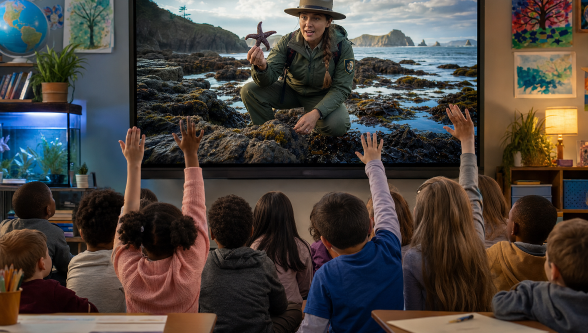 Class watching a park ranger hold up a starfish at tide pools on a big screen a virtual field trip