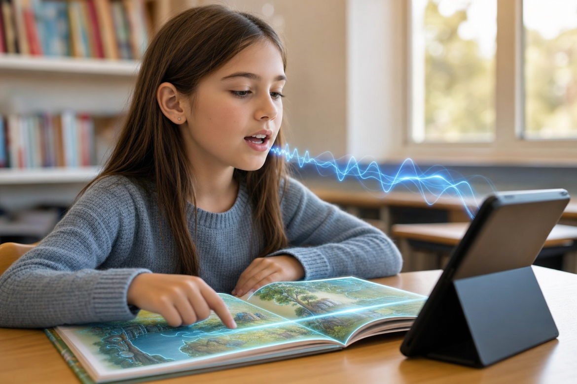 Student reading a picture book aloud while voice AI on a tablet listens and visual AI scans the page in a K-12 classroom