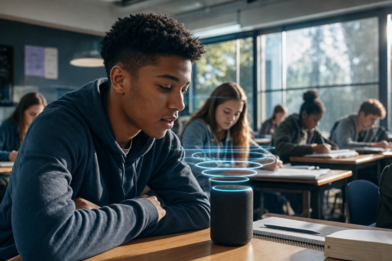 Student speaking to a smart speaker with glowing sound waves, voice technology in learning