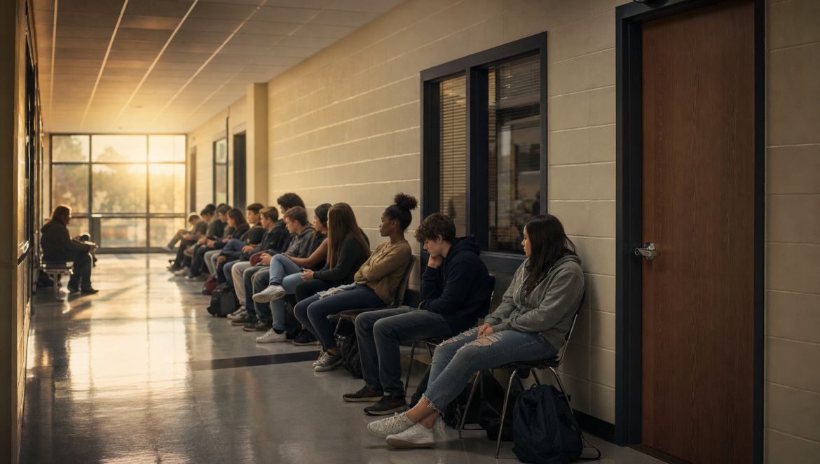 Students waiting in a long line outside one counselors door in an understaffed school