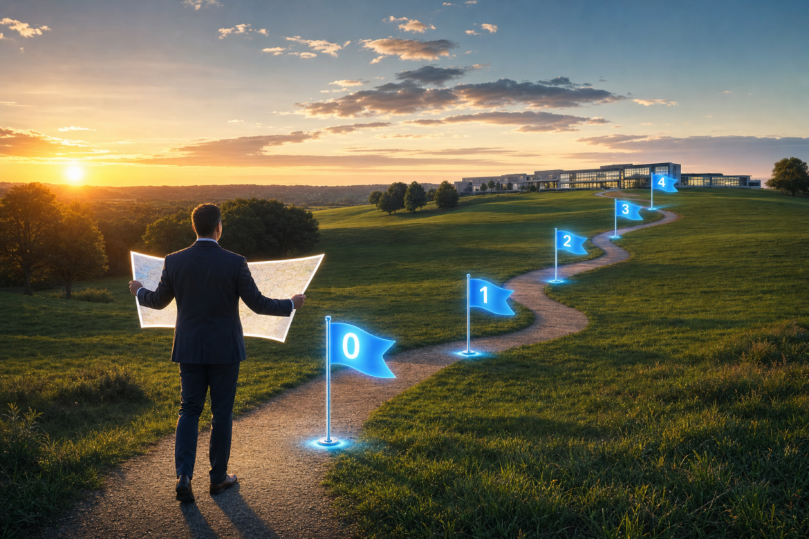 Where to begin with AI in K-12: a district leader holds a glowing map at the start of a path marked by flags for phases 0 to 4 leading to a school