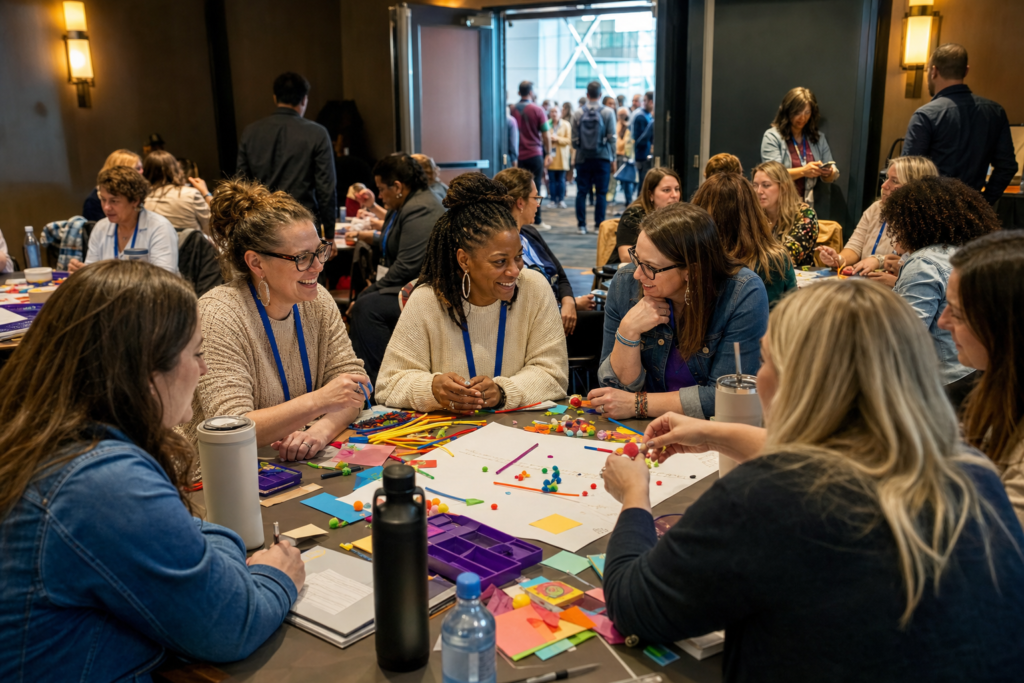 Why Education Conferences Matter for Educators | edCircuit Teachers with lanyards trying a hands on activity together at a conference breakout session