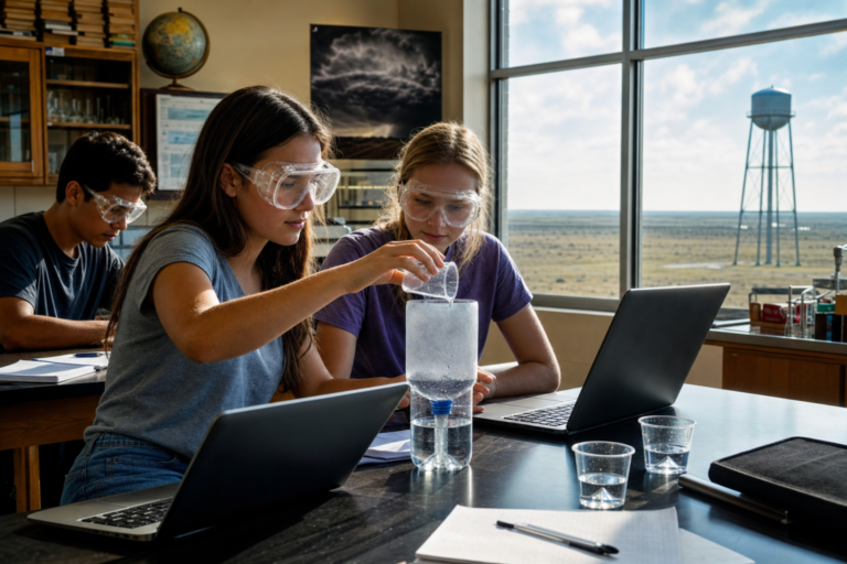 Small-town Texas students in goggles doing a weather experiment with a digital science lesson