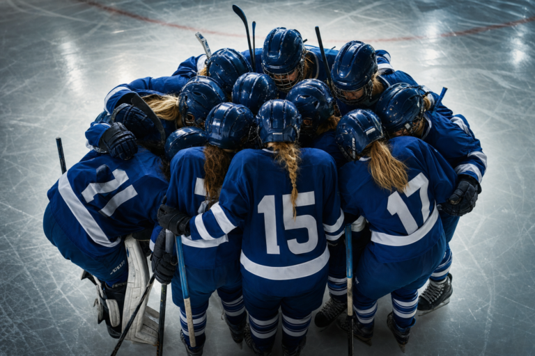 Women's ice hockey team huddled on the ice, changing the gender focus in sports