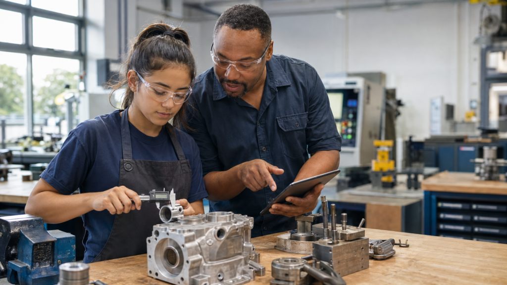 Two technicians in a shop wearing safety glasses measure a metal component with a digital caliper while the other holds a tablet and points at it standing over a workbench filled with metal parts