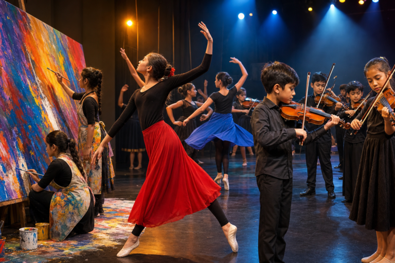 Students painting, dancing and playing violin together on stage, battling for the arts