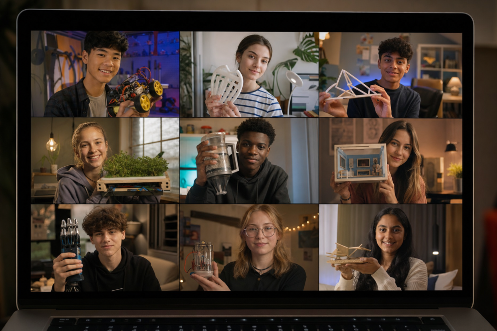 Young Innovators Make Their Mark in Transforming Education Through Technology | edCircuit Teens on a video call holding up their prototypes a virtual innovation summit
