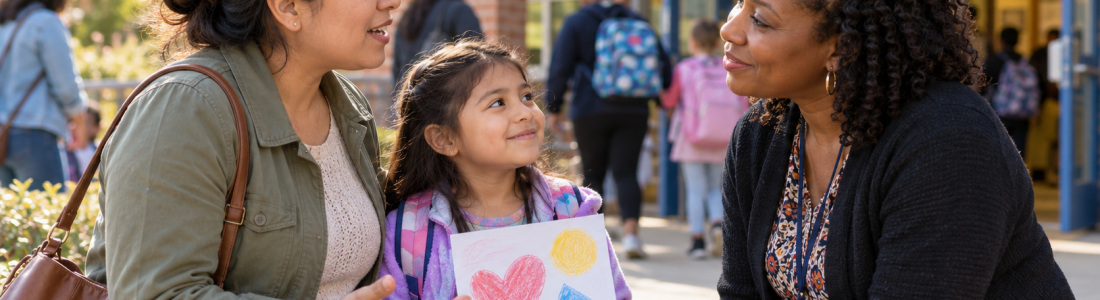 A parent and educator share a conversation outside an elementary school while a child proudly holds her classroom artwork.