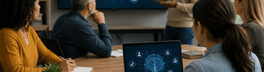 A man gives a presentation about artificial intelligence and AI Boot Camps for Educators to a group in a conference room, with a brain graphic on the screen and similar graphics on participants' laptops.