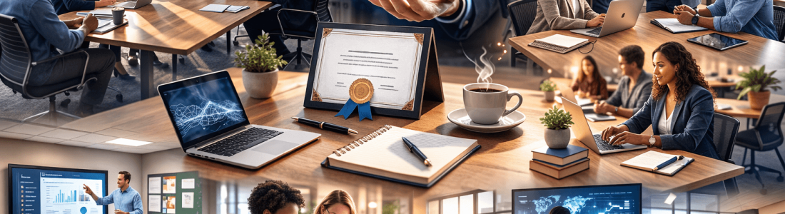 Collage of business professionals in meetings, analyzing graphs, collaborating in office settings, with a central image of a digital brain graphic symbolizing data, AI technology, and the impact of AI Certification for Educators.
