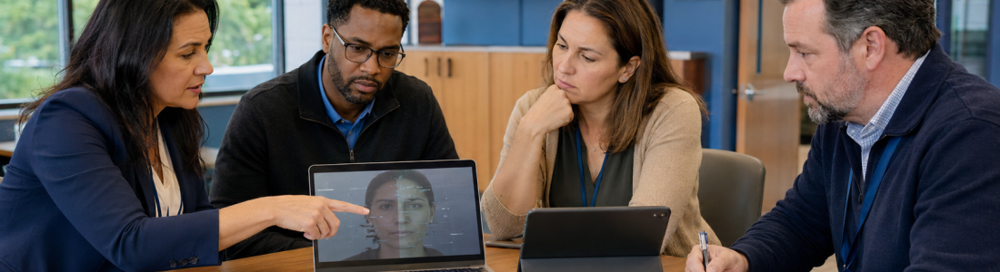 Team of four discussing biometric facial recognition on a laptop screen showing a woman's face, in a meeting room.