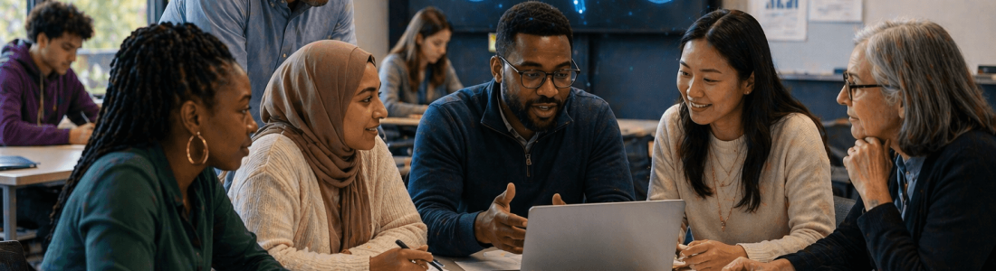Six people sit around a table with a laptop in a modern office, discussing documents; a digital brain graphic related to AI Policy in Education is displayed on a screen behind them.