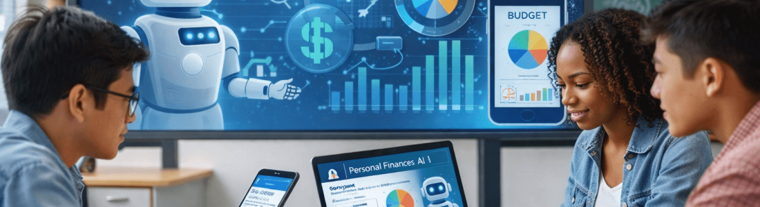 Three students explore AI and Financial Literacy using digital devices, with vibrant infographics and financial charts displayed on a screen in the background.
