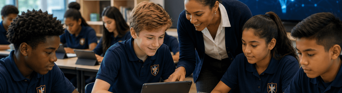 A teacher assists students using tablets in a modern classroom, showcasing the impact of AI in charter schools, with a digital brain graphic displayed on the screen in the background.