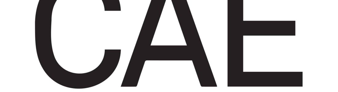 The image shows the letters CAE in bold black font above a horizontal bar, which is mostly gray with a short yellow section at the right end.