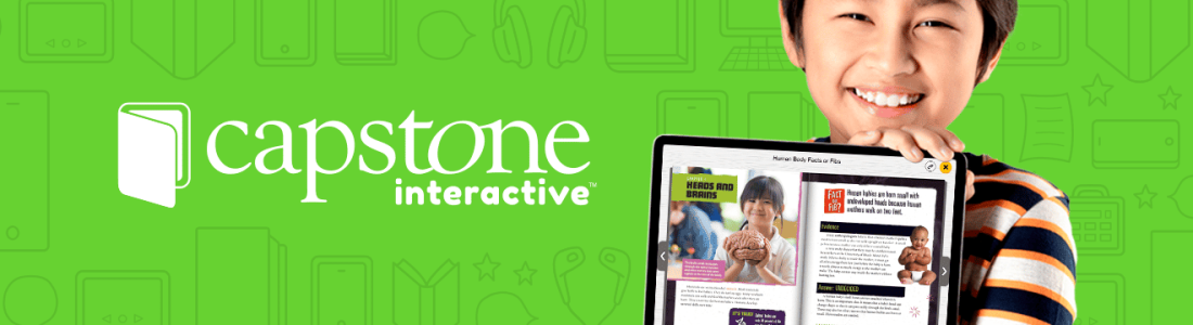 Smiling child holds a tablet displaying an e-book. The background is bright green with book-themed icons and the Capstone Interactive logo.