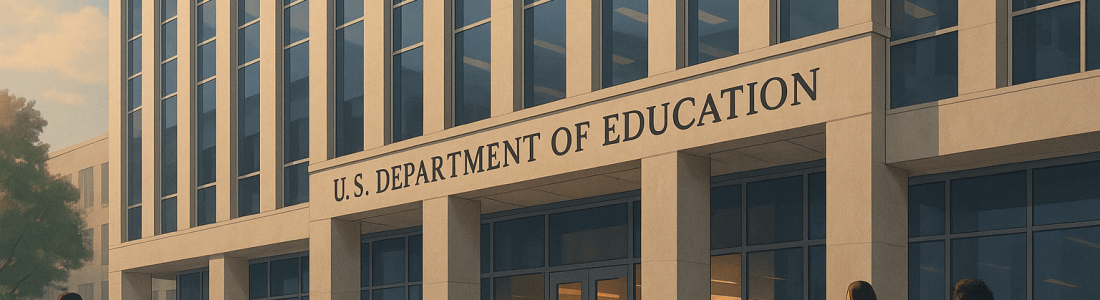 People walk toward the entrance of a modern building labeled U.S. Department of Education, its sunlit facade reflecting ongoing Department of Education restructuring efforts.