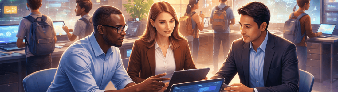 Three professionals collaborate at a table with laptops and digital charts in a modern tech office, driving K–12 innovation in 2026, while others work at interactive screens in the background.