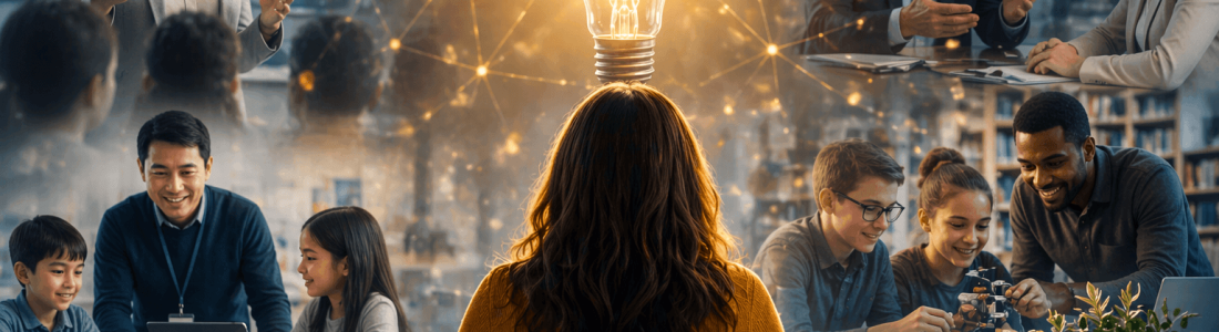 Person seen from behind at a desk as groups collaborate around a glowing light bulb, symbolizing ideas and teamwork in a connected network. (informative)