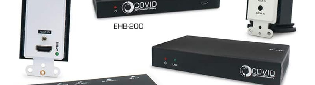 Five black and white COVID brand AV extenders and converters are displayed against a white background, shown from various angles. The COVID company logo and tagline appear in the bottom right corner.