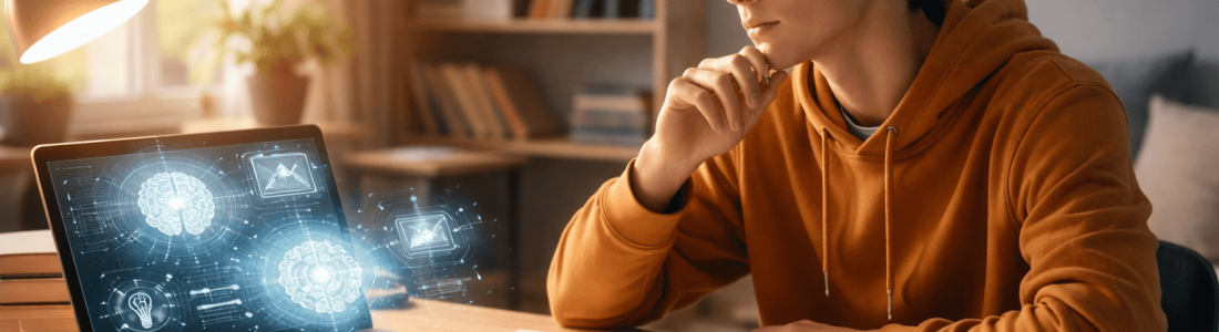 A young person in a yellow hoodie studies at a desk with a laptop displaying digital brain graphics, surrounded by books and notebooks—an inspiring scene of homework in the AI era, set in a well-lit room.