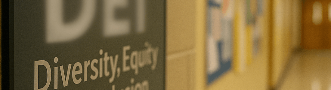 A wall sign in a hallway reads DEI Diversity, Equity & Inclusion. The hallway has beige walls, a bulletin board with papers, and a door at the far end. The focus is on the DEI sign.