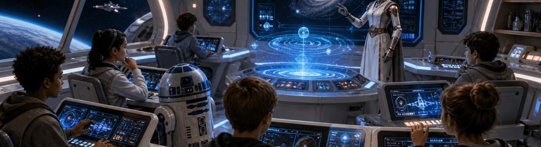 A group of children sit at control panels in a futuristic spaceship classroom, watching a robot teacher present a holographic galaxy. Spaceships and stars are visible through the windows.
