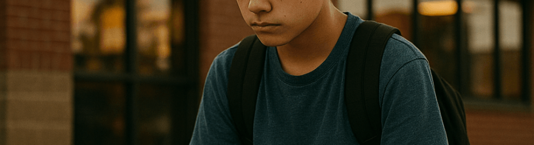A teenage boy with a backpack sits cross-legged on a sidewalk outside a McDonalds, focused on using a laptop. The restaurants yellow logo is visible on the building behind him.