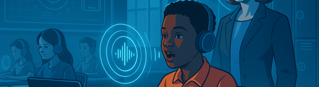 A student wearing headphones speaks while using a laptop in a classroom, with an open book in front of him. Other students and a teacher are present, and digital sound wave graphics appear around the main student.