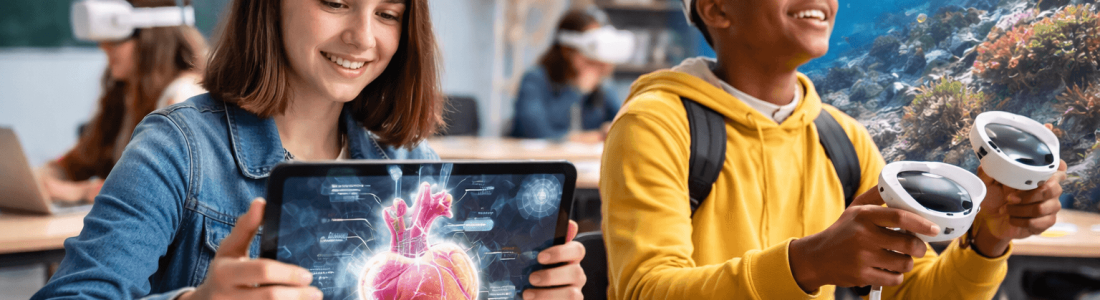 Students in a classroom engage in immersive learning; one girl holds a tablet displaying a 3D heart model, while a boy wears a VR headset, exploring an underwater scene with a sea turtle using controllers.