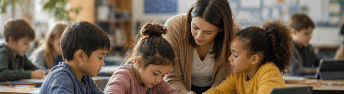 A teacher supports three young students with a Learning Design activity at a classroom table, while other children work in the background.
