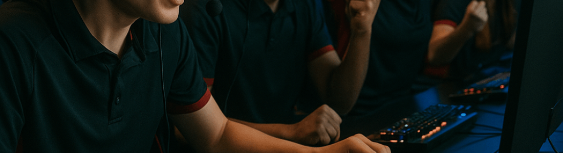 A group of focused young gamers wearing headsets sit at computers, cheering enthusiastically as they play together in a dark room with blue lighting.