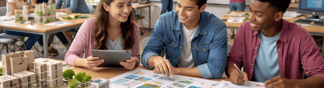 Three students sit at a table with architectural models, blueprints, and color swatches, discussing a project. Other students work in groups in a bright, creative classroom filled with posters and models.
