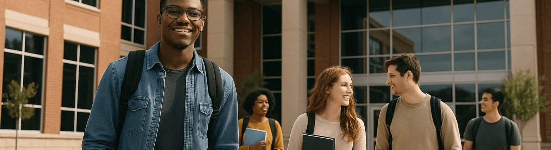 Five smiling college students with backpacks walk in front of a building labeled “Community College.” Three students talk together, while two walk slightly behind, all heading toward the entrance on a sunny day.