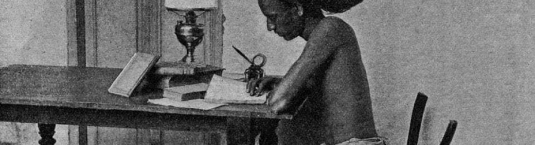 A man with long hair tied to a stick studies at a desk with books and an oil lamp, his hair pulled taut behind him, keeping him upright and awake as he writes.
