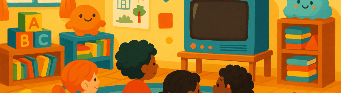 Four young children sit on a colorful rug in a cheerful classroom, facing an old-fashioned TV. Bright decorations, toys, books, and playful wall art fill the room, creating a warm, inviting atmosphere.