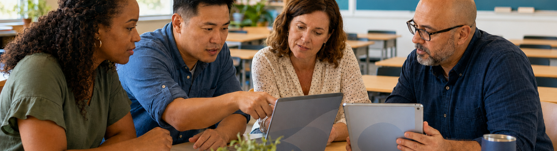 Four adults collaborate at a classroom table, looking at tablets and notes.