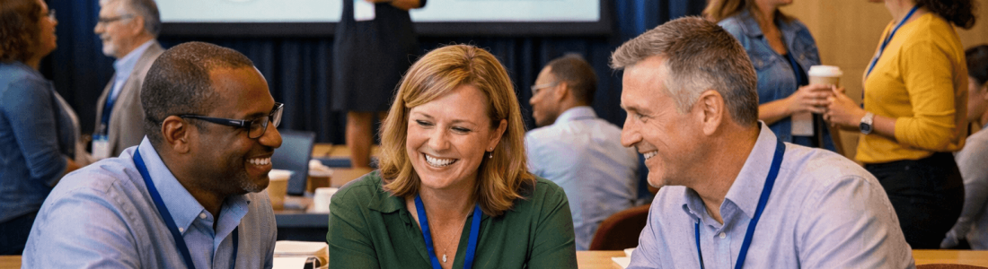 Three professionals smiling and collaborating at a table during a seminar. A woman presents Innovative Teaching Strategies on a screen, highlighting Why Education Conferences Matter for Educators.