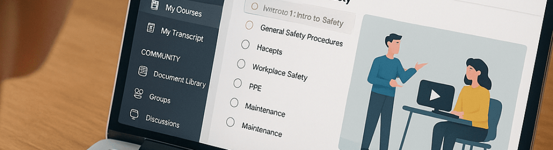 A person is using a laptop showing an online training course titled Module 1: Intro to Safety, with a sidebar menu and an illustration of two people, one presenting safety information on a screen.