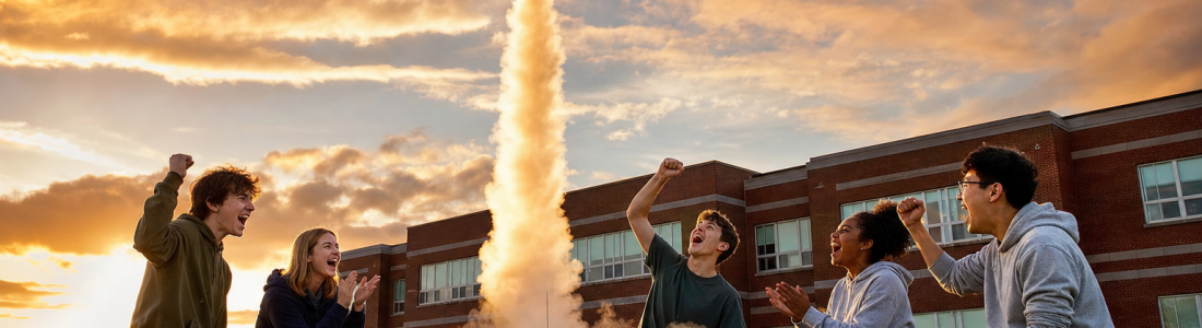 A high school after-school science club cheers as their model rocket lifts off from the school field at sunset